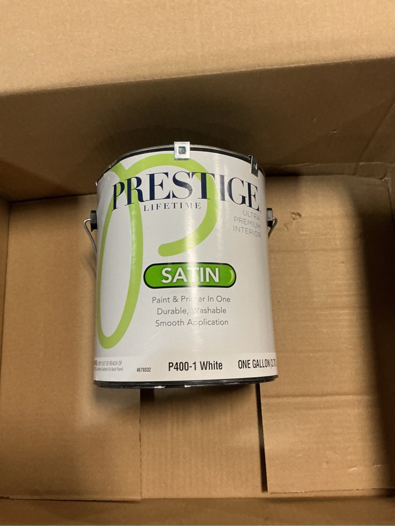 Condition photo showing New/Like New for prestige paints interior paint and primer in one, 1 gallon, satin, white 128 fl oz (pack of 1) interior satin interior