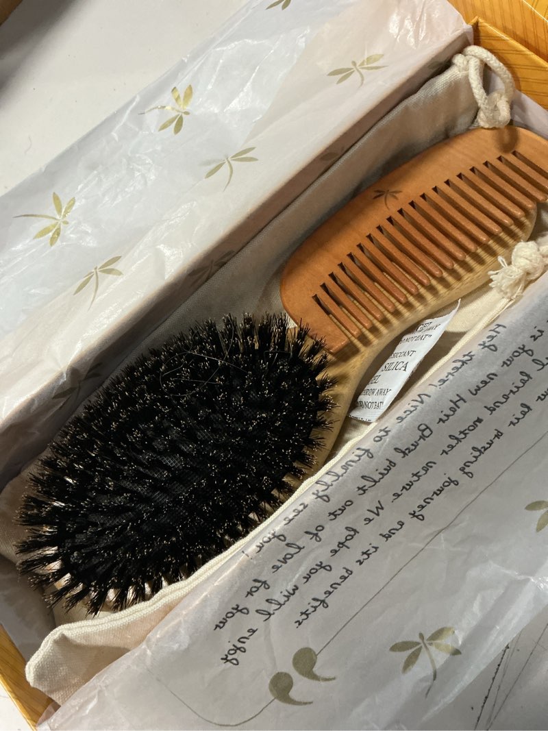 Condition photo showing As Is for belula 100% boar bristle hair brush set (medium). soft natural bristles for thin and fine hair. restore shine and texture. wooden comb, travel bag and spa headband included!