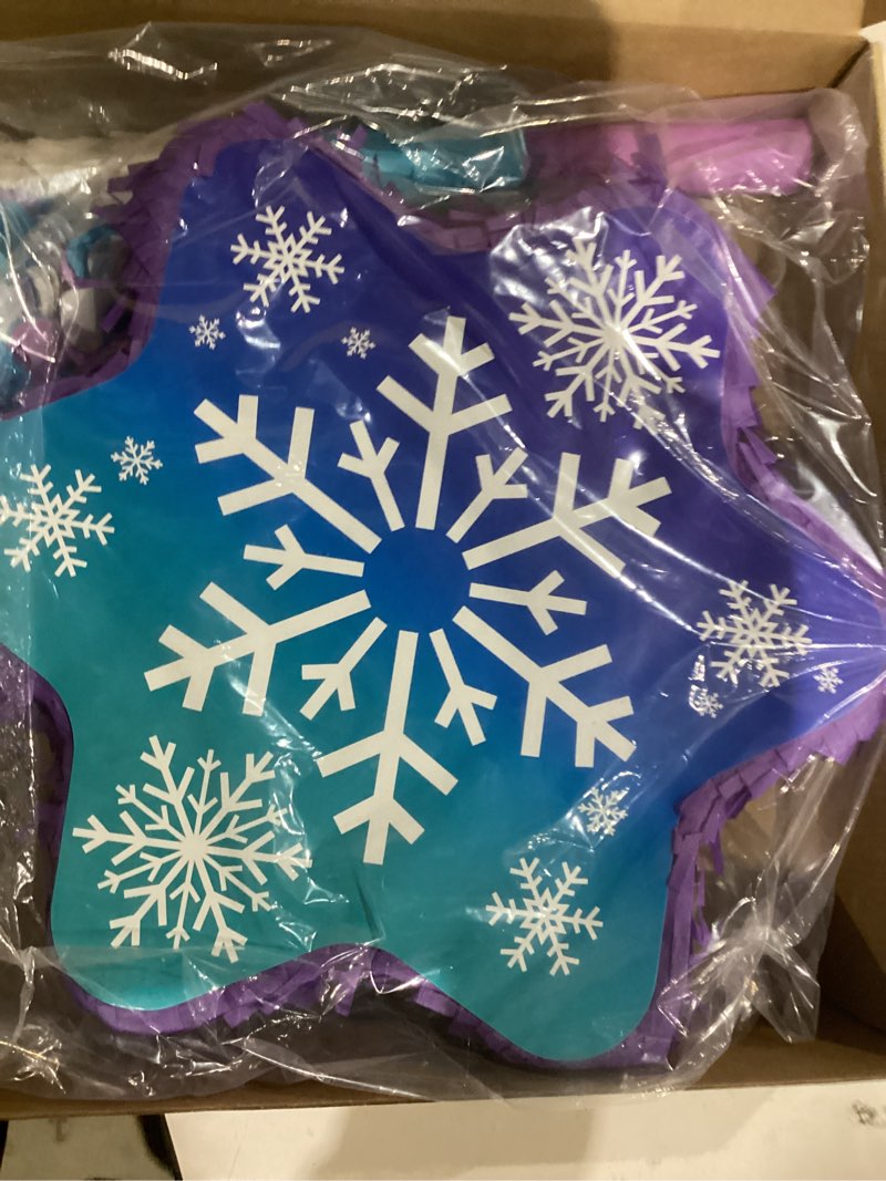 Condition photo showing Good Condition for hiboom snowflake pinata winter pinata with blindfold stick and confetti blue and purple snowflake decor for wonderland themed princess birthday party decoration supplies, 12 x 12''