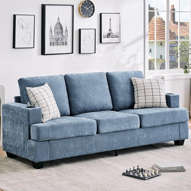 (Incomplete ) Garvee 89\" Modern Sofa for Living Room, 3-Seater Comfy Couches with Deep Seat, Chenille Couch with Cup Holders and Side Storage Pockets for Apartment Lounge, Blue