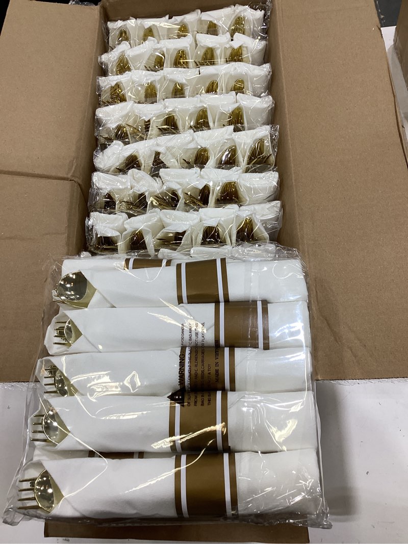 Condition photo showing Good Condition for pre rolled gold plastic silverware sets - heavy duty gold cutlery - include 100 pack wrapped disposable utensils with napkins for parties, dinners & weddings gold - classic