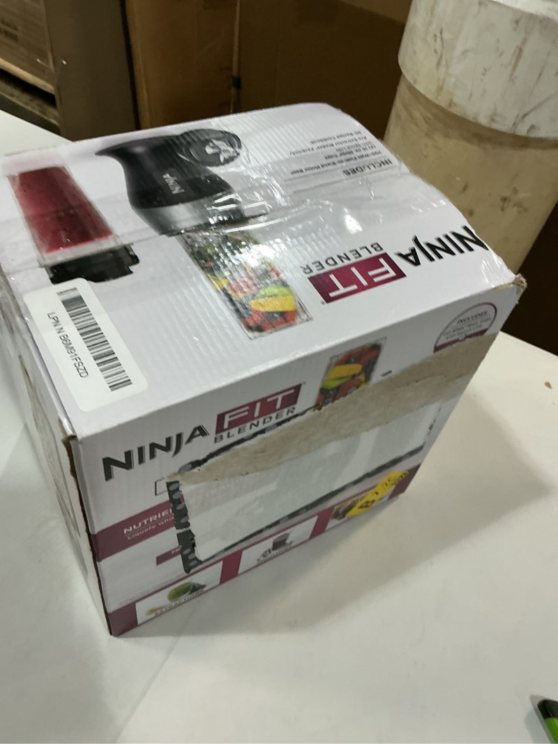 Condition photo showing New/Like New for ninja fit compact personal blender, portable blender for-smoothies, shakes, food prep, and frozen blending, 700-watt base, (2) 16-oz. cups and spout lids, black qb3001ss push to blend 700 watts