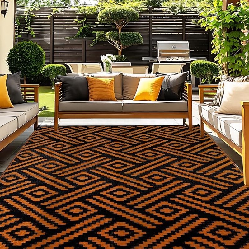 oppodream outdoor rug 9x12 patio waterproof, large outdoor plastic straw rug, reversible out door carpet for camping, deck, rv, 9 x 12 area carpet for balcony, porch, backyard, black and orange