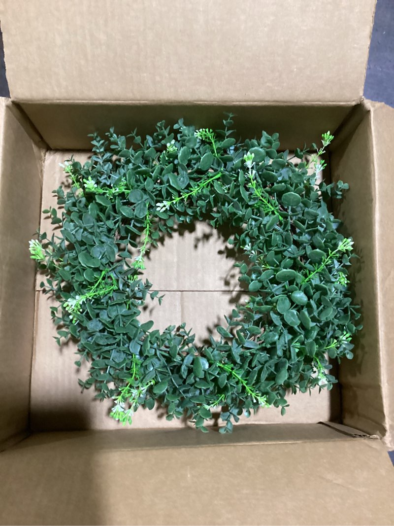 Condition photo showing Good Condition for (similar too)16 in. frosted green artificial eucalyptus leaf foliage greenery wreath