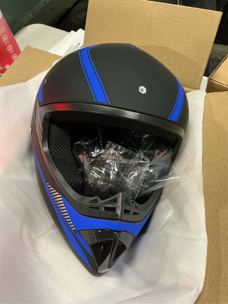 Condition photo showing Good Condition for yesmotor youth dirt bike helmet set includes gloves, goggles, mask, ideal helmet for kids 8-14, premium safety gear for dirt bike helmets enthusiasts - dot approved (dark blue,m) dark blue medium