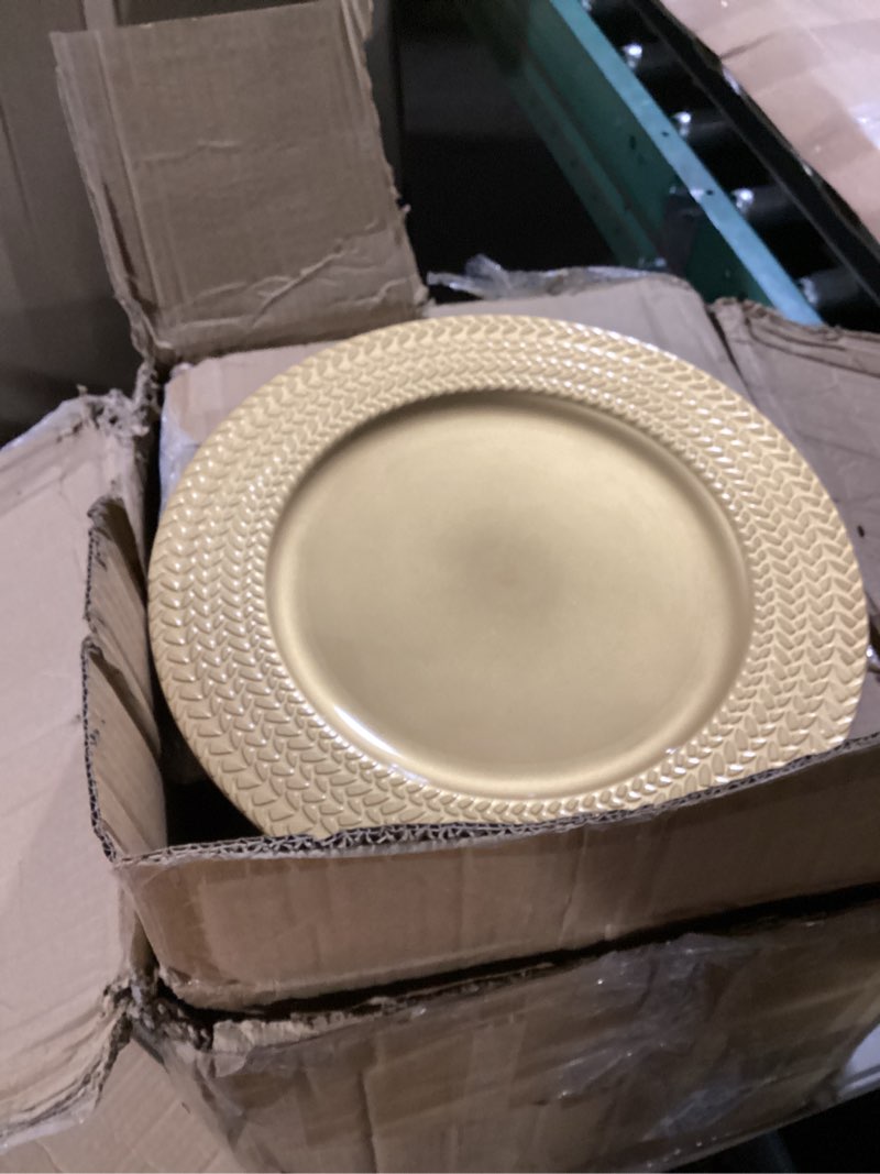 Condition photo showing As Is for proy 100 pcs gold charger plates bulk,13 inch leaf trim antique charger plate, plastic reusable round charger platters for table setting, wedding, party, event