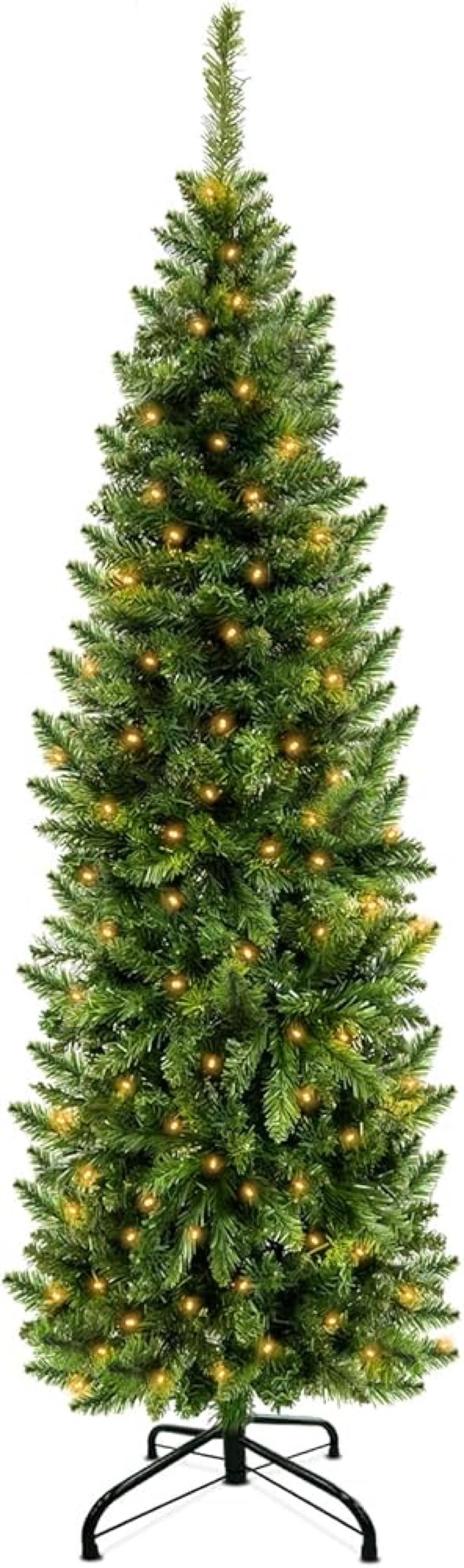 5 Ft Pencil Artificial Christmas Tree with 550 Branch Tips, Spruce Green,180 LED Warm White Lights, 