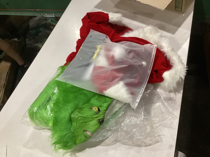 Condition photo showing Good Condition for dr. seuss the grinch santa suit costume for adults with gloves, foot covers & hat - officially licensed x-large