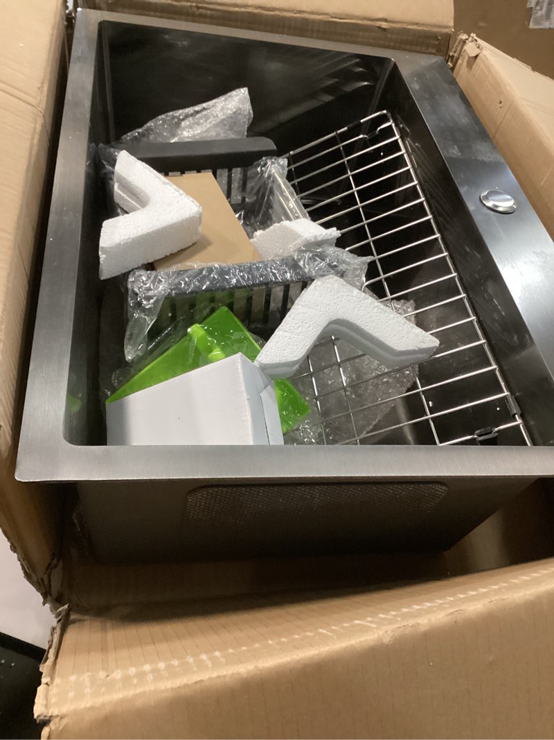 Condition photo showing Good Condition for Black Topmount Stainless Steel Bar Sink 25x18x9 Inch Drop In Single Bowl Kitchen Sink With Accessories - Grid, Strainer Basket, Soap Dispenser, Drain Assembly Set For Modern Kitchen 25x18In Black