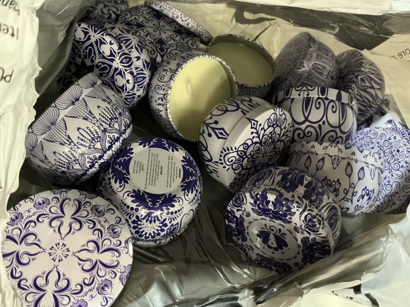 Condition photo showing As Is for yoroxrg scented candles gifts set 16 pack soy wax travel tin jar candles for home 2.5 oz for mom for christmas, birthday, thanksgiving, mother's day 16whiteblue