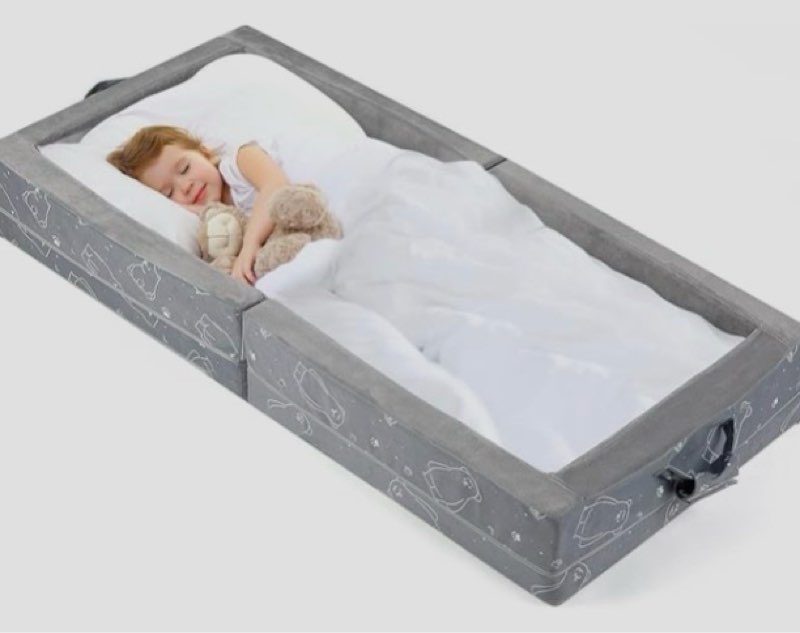 Umoving Portable Toddler Travel Bed – Foldable Soft Foam Floor Crib with Washable Cover, Built-in Safety Rails, No Assembly, Compact for Travel & Home Use, Grey