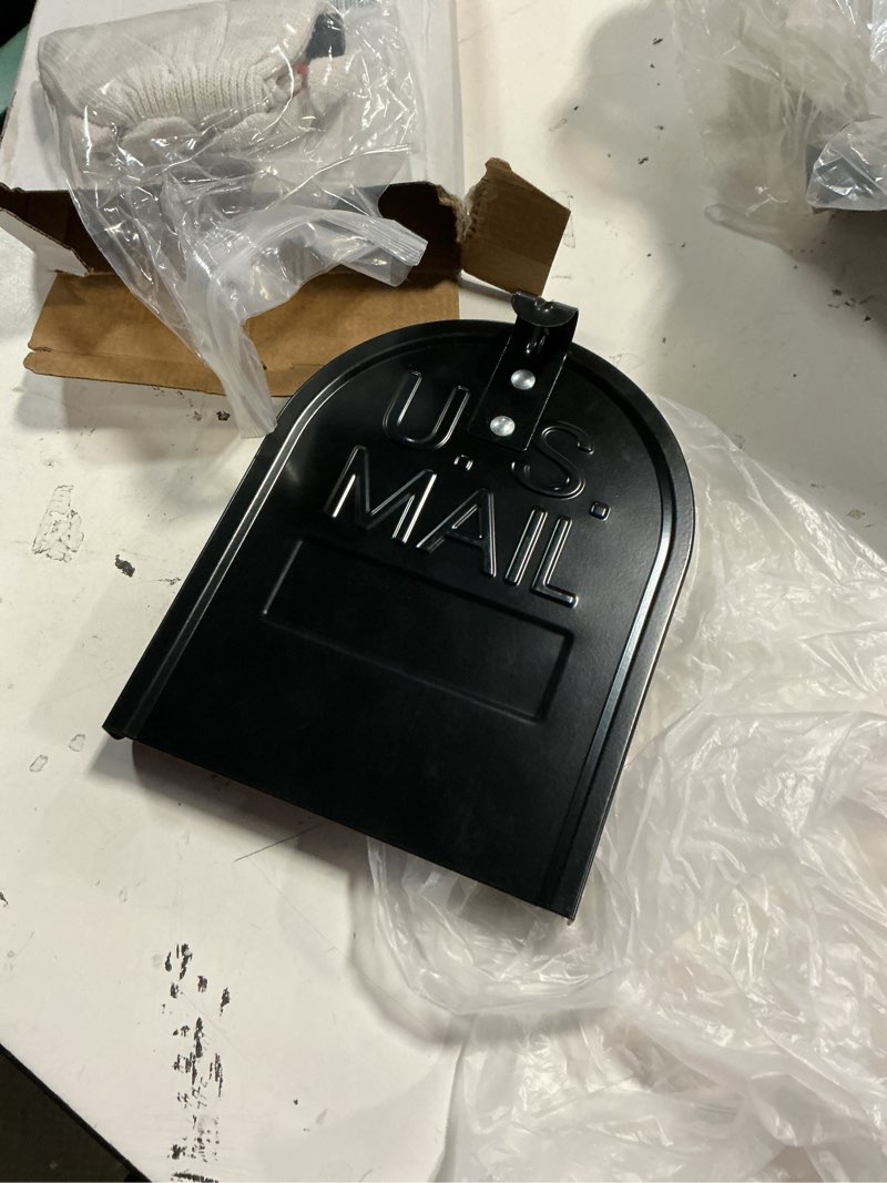 Condition photo showing Good Condition for 6 1/4" w x 8 1/4" h,mailbox door replacement panel, black galvanized steel snap-in front door with flat-head screws, easy no-drill kit for standard residential curbside & brick mailboxes