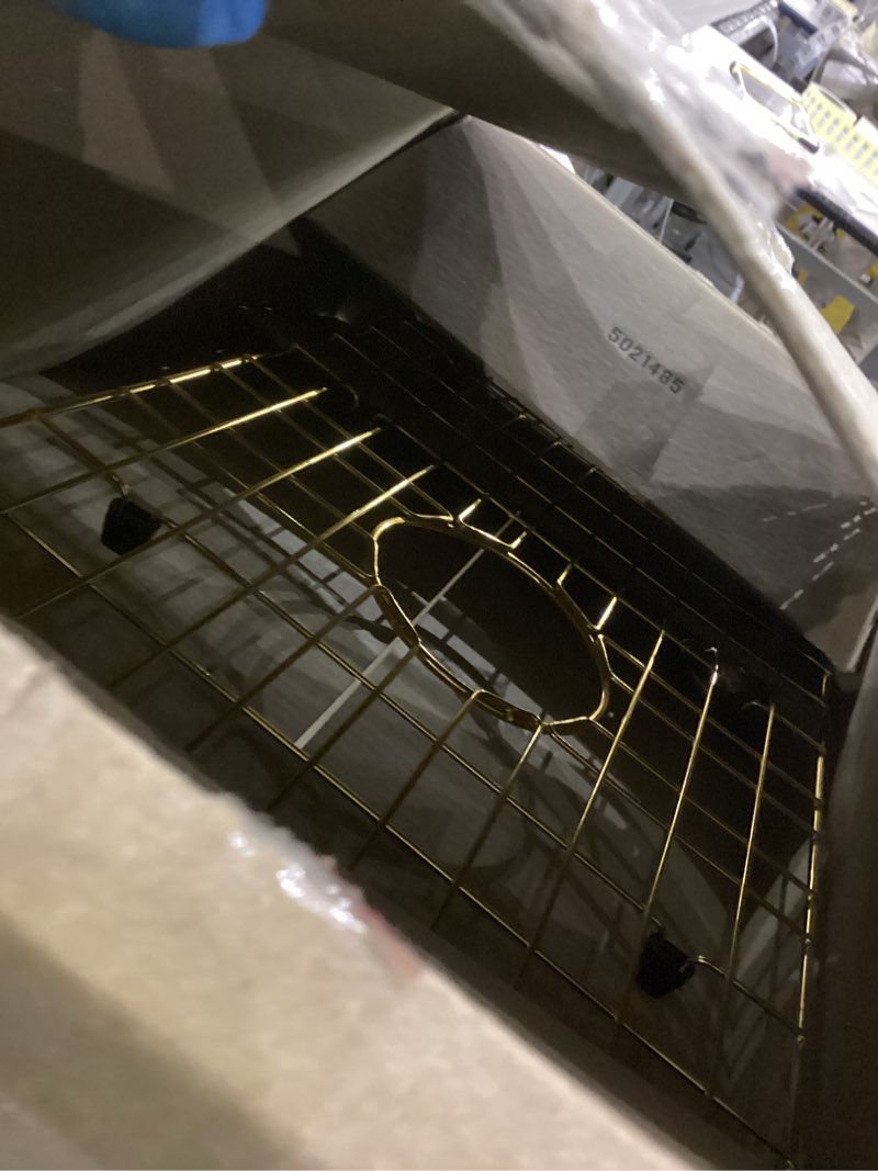 Condition photo showing As Is for 26" x 14" Large Gold Kitchen Sink Grid and Sink Protector, Stainless Steel Sink Rack for Bottom of Kitchen Sink,Centered Drain with Corner Radius, Stainless Steel