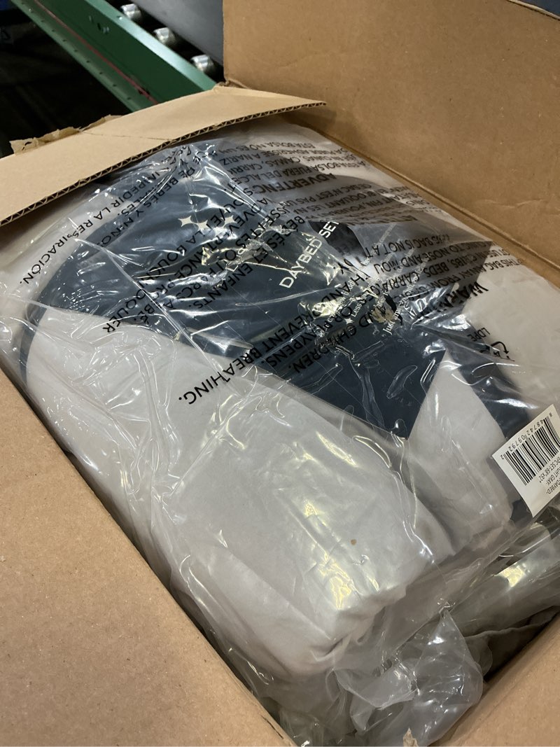 Condition photo showing New/Like New for lush decor reyna ruffle daybed 6 piece set 68" w x 92" l, light gray - gray bedding set - daybed comforter set - ruffled bedding - coquette decor light gray daybed daybed