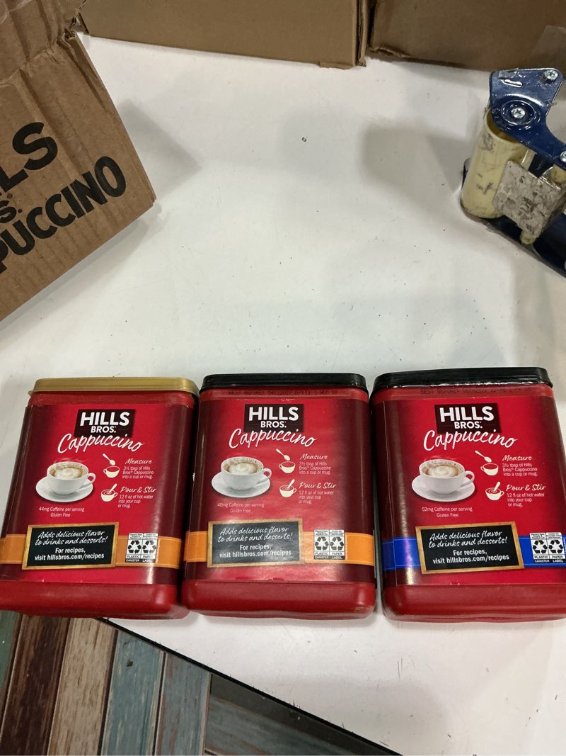 Condition photo showing New/Like New for ( b.b.y 05/23/26 )hills bros. cappuccino mix – rich, frothy coffeehouse-tasting instant drink mix – quick and easy preparation – perfect for hot & iced drinks & creaming coffee – rich variety pack, 2 packs of 16oz & 1 pack of 14oz rich variety pack 16 ounce (pack of 3)