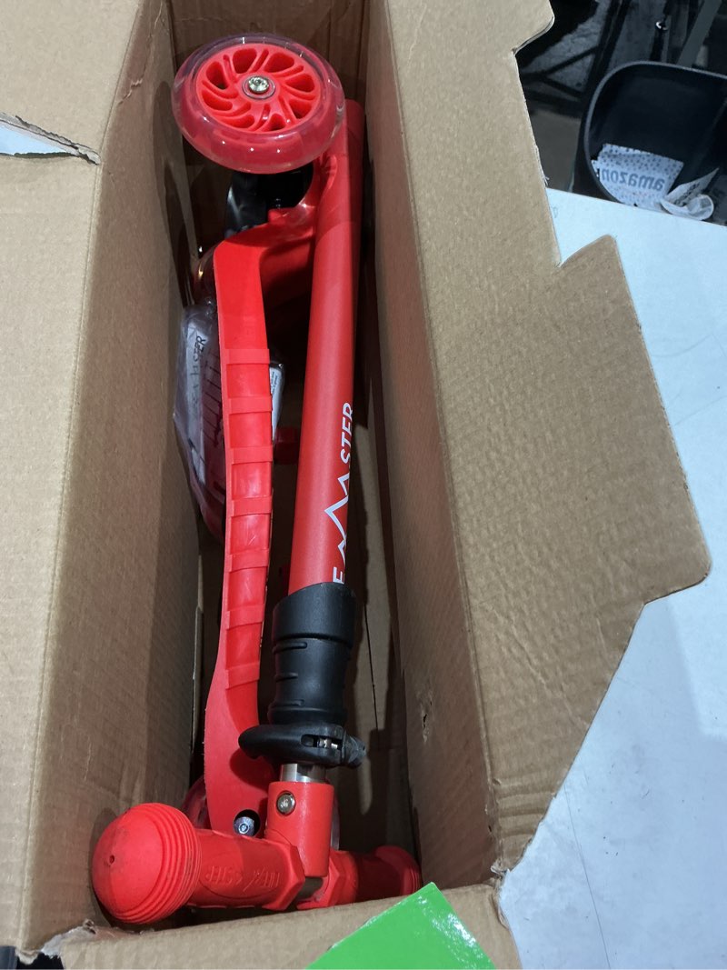Condition photo showing Good Condition for lifemaster mini 3-wheel kids scooter with multi-color wheel lights – 4-height adjustable handlebar, wide anti-slip deck, child safety certified, boys & girls ages 2+ supports up to 110 lbs red children and toddler