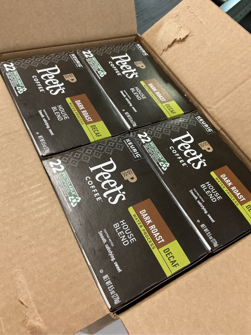 Condition photo showing Good Condition for (Best by 12 / 08 / 2025 ) Peet s Coffee Decaf House Blend Premium Dark Roast Single Serve Coffee Pods  22 Count