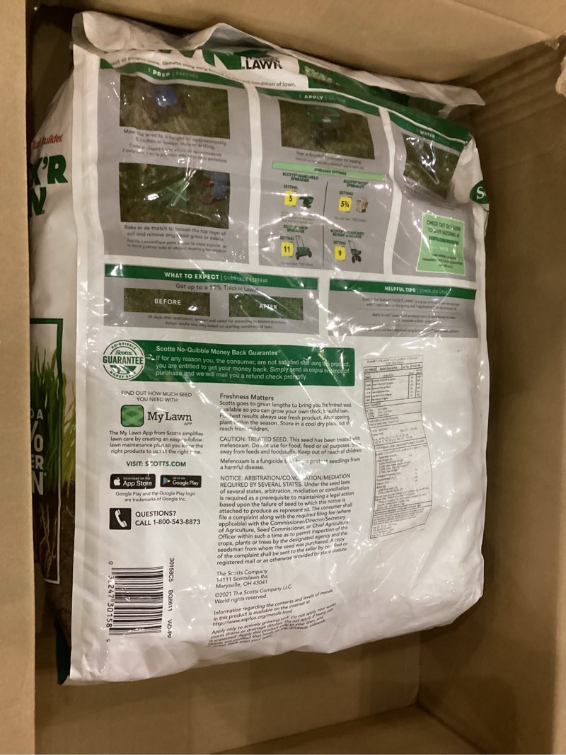 Condition photo showing New/Like New for Scotts Turf Builder THICK'R LAWN Grass Seed, Fertilizer, and Soil Improver for Sun & Shade, 4,000 sq. ft., 40 lbs.