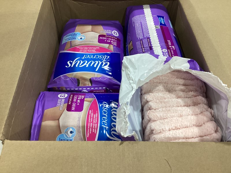 Condition photo showing As Is for always discreet reimagined adult diapers for women, maximum absorbency incontinence and postpartum underwear size 3x+, up to 100% leak free bladder leak protection, 52 count?