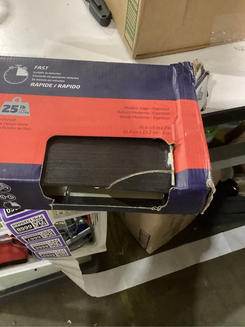 Condition photo showing As Is for damaged***high & mighty 515615 modern 36\" floating shelf holds up to 25lbs, easy tool-free dry wall installation, flat, retail packaging, espresso flat & retail packaging espresso