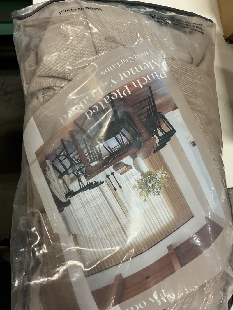 Condition photo showing Good Condition for extra long pinch pleated linen 108 inch curtains 2 panels set for living room bedroom farmhouse tan brown cotton flax back tab memory shape pinch pleat ceiling floor window curtains 9 ft grey beige grey beige 40"w x 108"l (pack of 2)