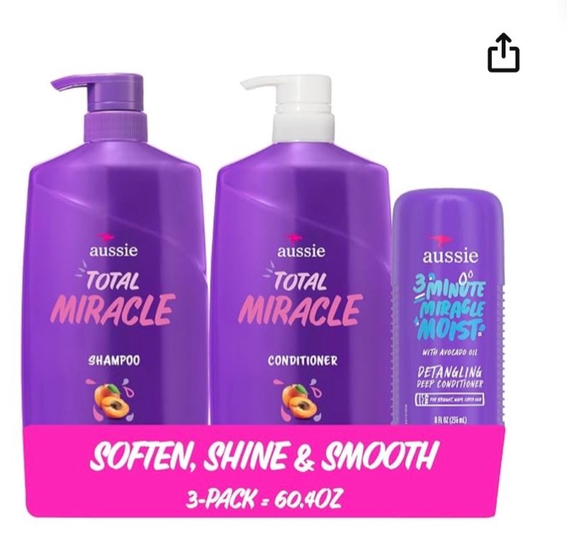Condition photo showing As Is for aussie total miracle hair care bundle: shampoo, conditioner, and 3 minute deep treatment with apricot & macadamia oil, paraben-free for damaged hair, 26.2 & 8 fl oz