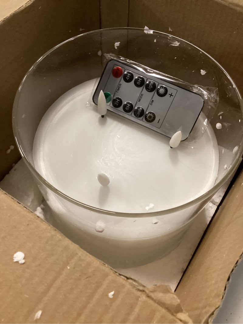 Condition photo showing Good Condition for Eywamage 3 Wick Clear Glass Flameless Candle with Remote, Large Flickering LED Battery Pillar Candle ? 6" H 6"
