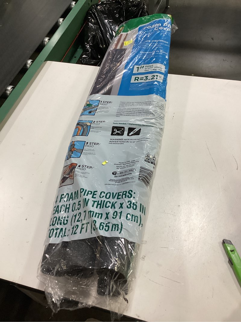 Condition photo showing As Is for duck brand 12 ft. long foam pipe cover , fits 1 in. pipes, black