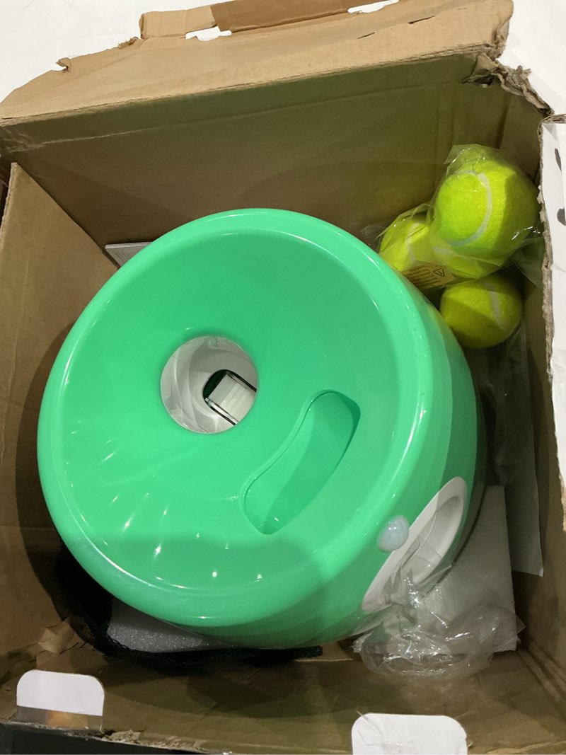 Condition photo showing Good Condition for automatic dog ball launcher, dog ball thrower with 15 mini tennis balls sizing 2 inch and mesh bag, interactive dog toys tennis ball launcher for small dogs with 3 distance settings green