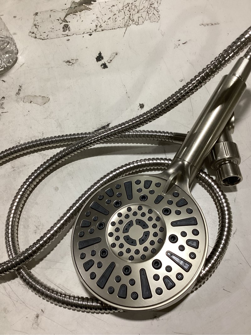 Condition photo showing As Is for allen + roth kensley 9 -spray brushed nickel 5.9-in round filtered handheld shower head 1.8 gpm