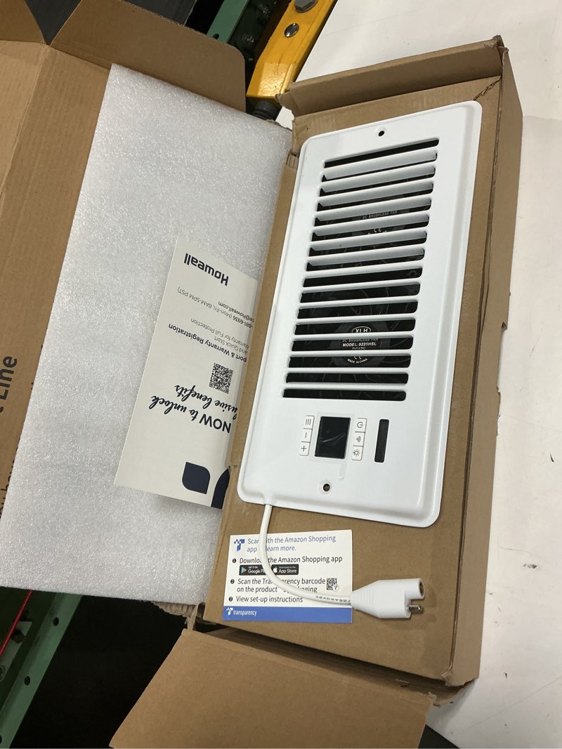 Condition photo showing As Is for super quiet register booster fan for 4" x 10" register holes, smart register vent with dual intelligent thermostat and wifi app control, heating cooling ac vent fan (white) 4" x 10" white