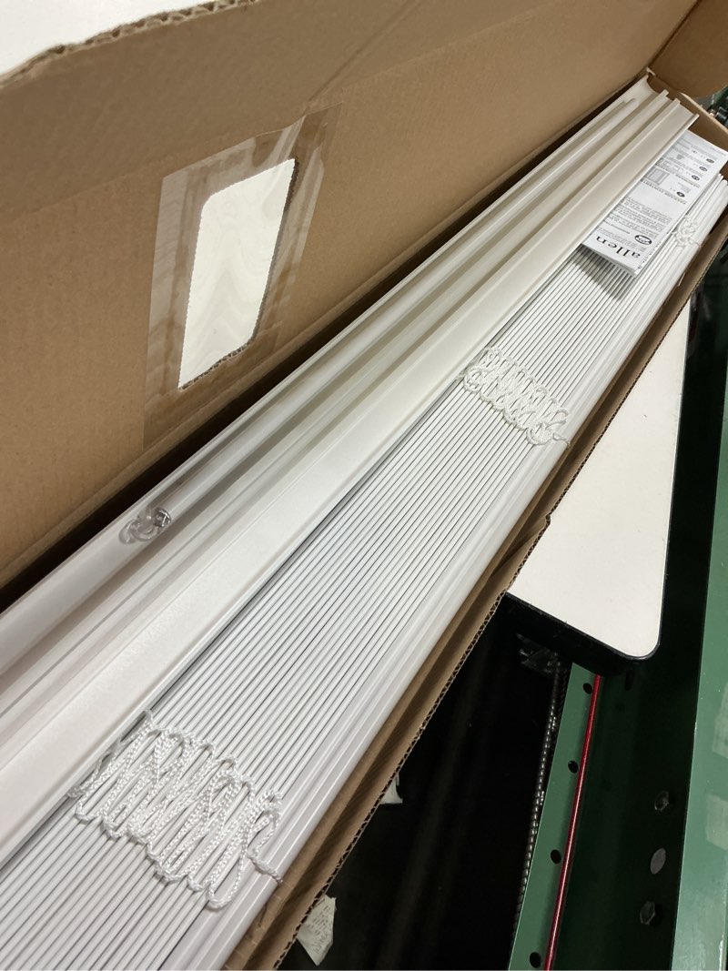 Condition photo showing As Is for allen + roth trim at home 2-in slat width 35-in x 48-in cordless white faux wood room darkening horizontal blinds