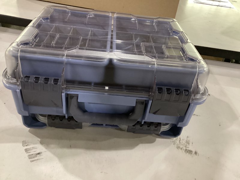 Condition photo showing Good Condition for fishing tackle box,3-tier removable tackle storage box (blue) | hard abs pp portable organizer storage case with removable trays,14.37×11.42*6.89in for fishing hooks bait lines accessories