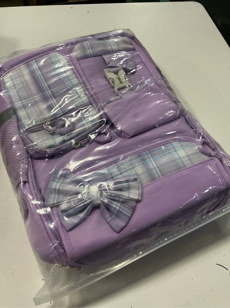 Condition photo showing New/Like New for kids backpack for girls, cute plaid large capacity waterproof bookbag for students teens preppy aesthetic bow elementary primary middle school bag with kawaii lunch box pencil case set 3pcs purple
