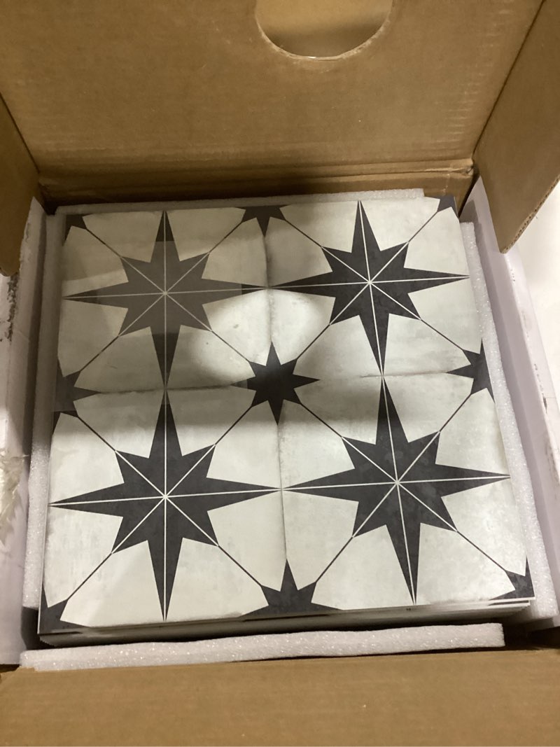 Condition photo showing As Is for inno stciekrs 16-sheet peel and stick floor and wall tile for bathroom kitchen, 9" x 9" patterned star spc self-adhesive vinyl flooring encaustic groutable backsplash tile, covers 9.12 sq. ft. black star 9" x 9" (16-sheet)