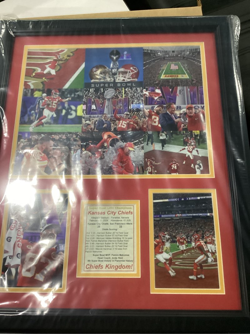 Condition photo showing New/Like New for legends never die "2019 kansas city chiefs super bowl liv champions - collage - framed 12""x15"" double matted photos", multi