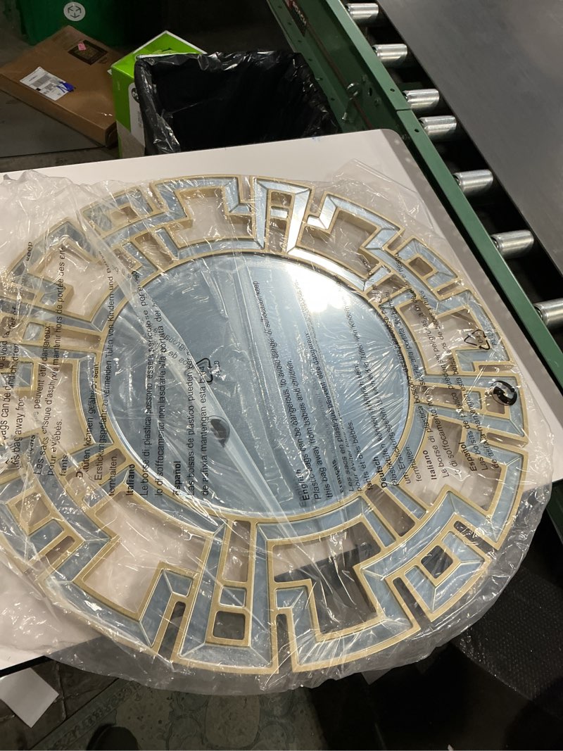 Condition photo showing New/Like New for chende gold mirrors for decor, 32'' round wall mirror with beveled glass frame, modern decorative mirror with wood frame for living room, entryway, dining room, bathroom gold 32"l x 32"w