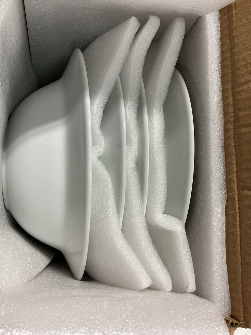 Condition photo showing New/Like New for artena 10 ounce pasta bowls set of 4, elegant white soup bowls, wide rim salad bowl, premium porcelain pasta plate bowl, shallow soup plates for eating, microwave dishwasher oven safe bowls 9.15 inch
