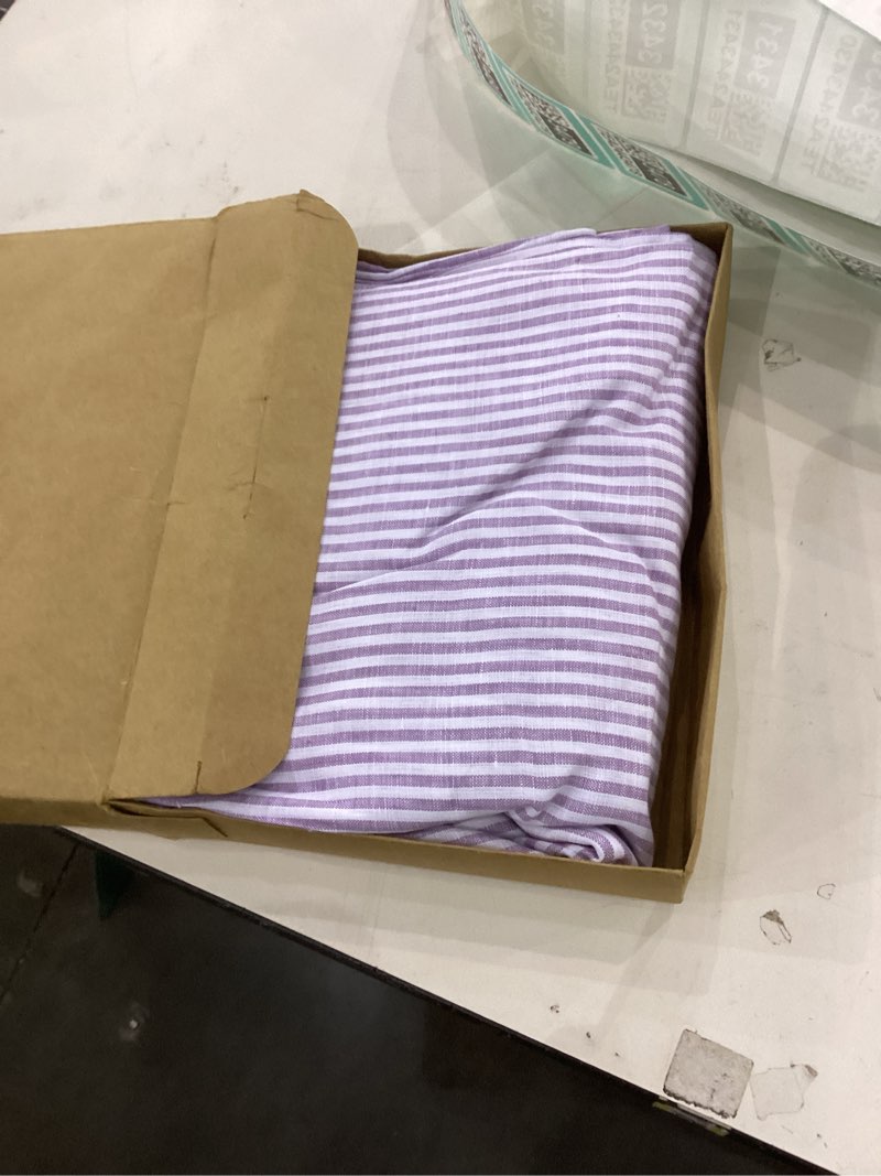 Condition photo showing Good Condition for Solino Home Linen Striped Tablecloth 60 x 120 Inch - 100% Pure Linen Lavender and White Table Cloth for Rectangle Tables - Narrow Stripe, Machine Washable Tablecloth for Christmas, Holiday, New Year Lavender & White 120" x 60" (Rectangular)