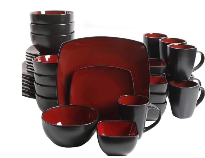 Gibson Elite Soho Lounge Square Reactive Glaze Stoneware Dinnerware Set, Service for 8 (40pc), Red/Black