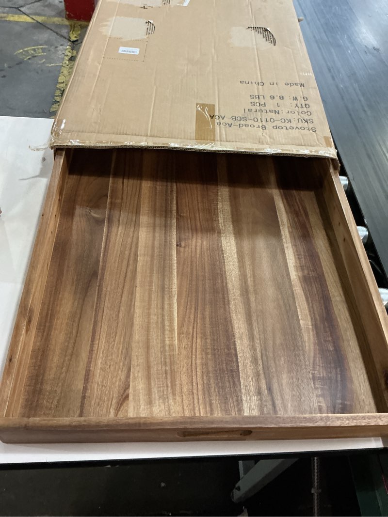 Condition photo showing Good Condition for acacia wood stove cover for gas & electric burners, 28.82”x20.83”x2.12'' (inner) noodle board with handles, cutting board with juice groove, serving tray (natural acacia)