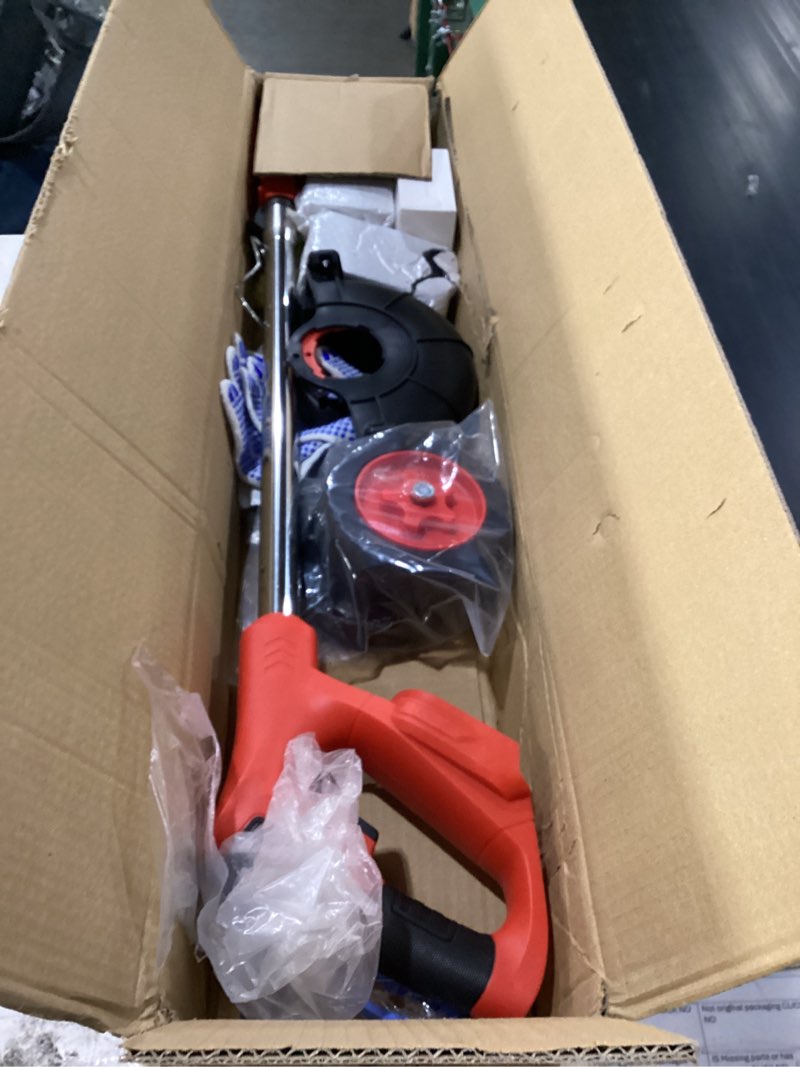 Condition photo showing New/Like New for electric weed wacker cordless with wheels, 2pcs batteries&4 types blades,lightweight, low noise weed trimmer 21v stringless weed wacker, grass trimmer/brush cutter/edger, for thick weeds&yard garden red