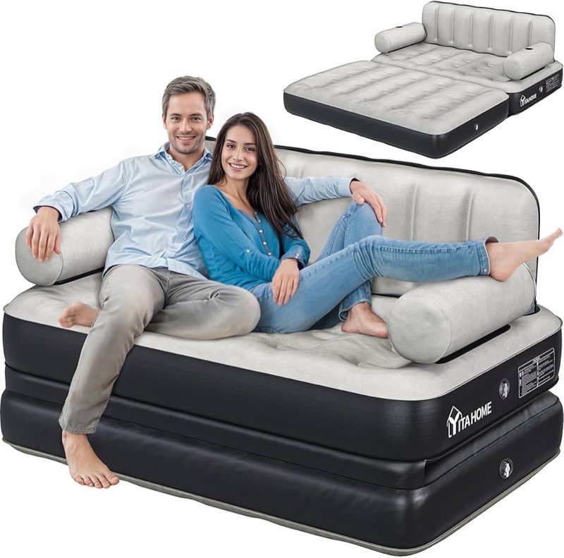 yitahome queen size air sofa bed mattress with headboard and pump, blow up couch inflatable bed for 