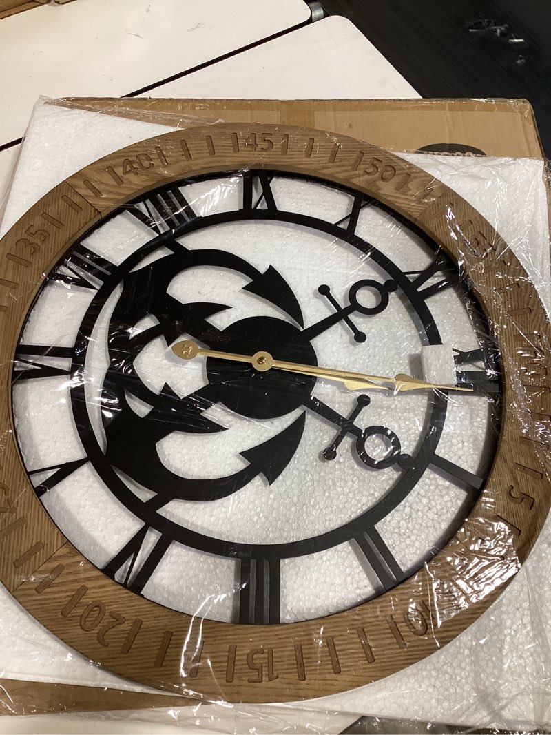Condition photo showing Good Condition for 24 inch large wall clock, anchor wall clock, rustic wood & metal decorative clocks, quiet quartz movement, moisture and rust proof, house decor for living room, bedroom, office