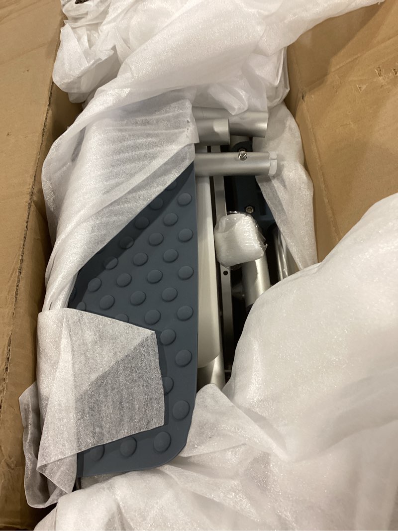 Condition photo showing As Is for Sliding Shower Chair Tub Transfer Bench with Swivel Seat, Shower Bench for Elderly and Disabled, with Security Belt, 360 Rotation, Slides and Rotates, Adjustable,one Touch Slide Button, Dark Blue