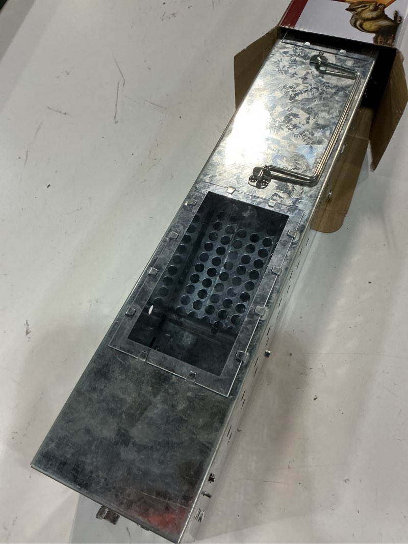 Condition photo showing As Is for jt eaton big pete multi-catch trap for rats & shrews, clear window | 22.75" dual-door design; humane multi-catch; catches rats, chipmunks, and shrews; clear inspection window