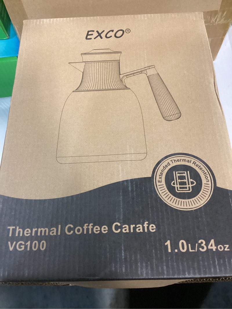 Condition photo showing New/Like New for EXCO 1.0L/34Oz Premium Thermal Coffee Carafe, Glass Lined Insulated Carafes for Keeping Hot, Elegant Coffee Tea Pot Vacuum Termos, Drink Beverage Dispensers, 12H Heat 24H Cold (Kahki+Wood Color)
