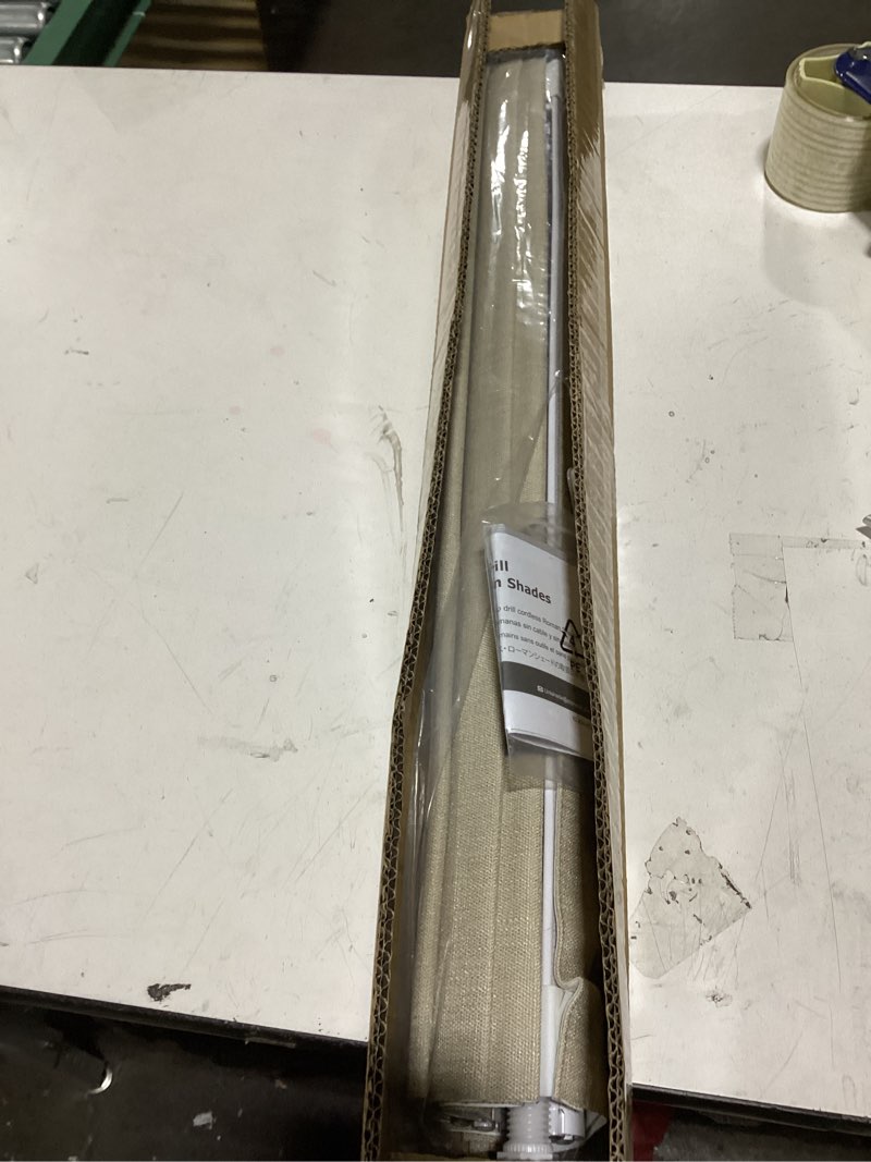Condition photo showing As Is for unishades 100% blackout no tools no drill cordless roman shades for windows, size 27 3/4" w × 60" h (for windows 28" w × 60" h) blackout - beige blackout - beige 28" w × 60" h