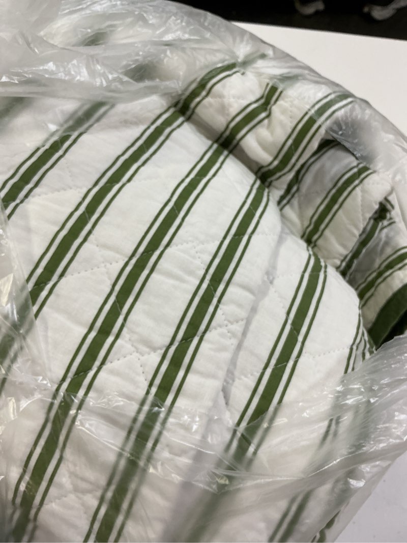Condition photo showing Good Condition for martha stewart - queen quilt set, 100% soft & breathable bedding with a lightweight feel for year round comfort, 3 piece bed set with matching pillowcases (ticking stripe green) queen ticking stripe green