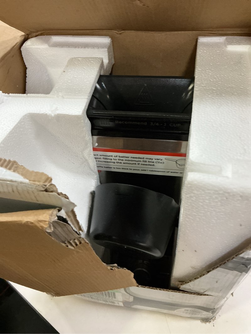 Condition photo showing As Is for Ninja BW1001 NeverStick PRO Belgian Waffle Maker, Vertical Design, 5 Shade Settings, with Precision-Pour Cup & Chef-curated Recipe Guide, Black & Silver